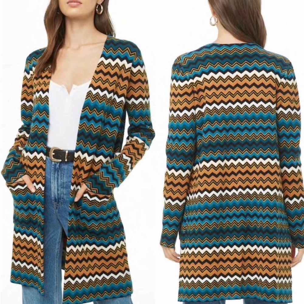 Forever 21 Chevron Zig Zag Dark Turquoise Open Front Sweater Cardigan Size S